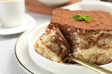 Delicious tiramisu with mint on light table, closeup