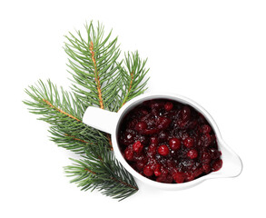 Tasty cranberry sauce in gravy boat and fir branch isolated on white, top view