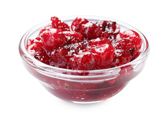 Tasty cranberry sauce in glass bowl isolated on white