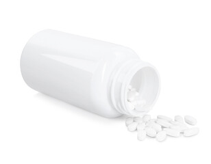 Antibiotic pills with medical bottle on white background