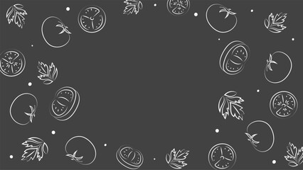 Vector illustration. Juicy summer background with copy space for text. Pattern of halves, slices and leaves of tomatoes. Sketch style. Hand drawn kitchen ingredients pattern for culinary themes.