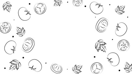 Vector illustration. Juicy summer background with copy space for text. Pattern of halves, slices and leaves of tomatoes. Sketch style. Hand drawn kitchen ingredients pattern for culinary themes.
