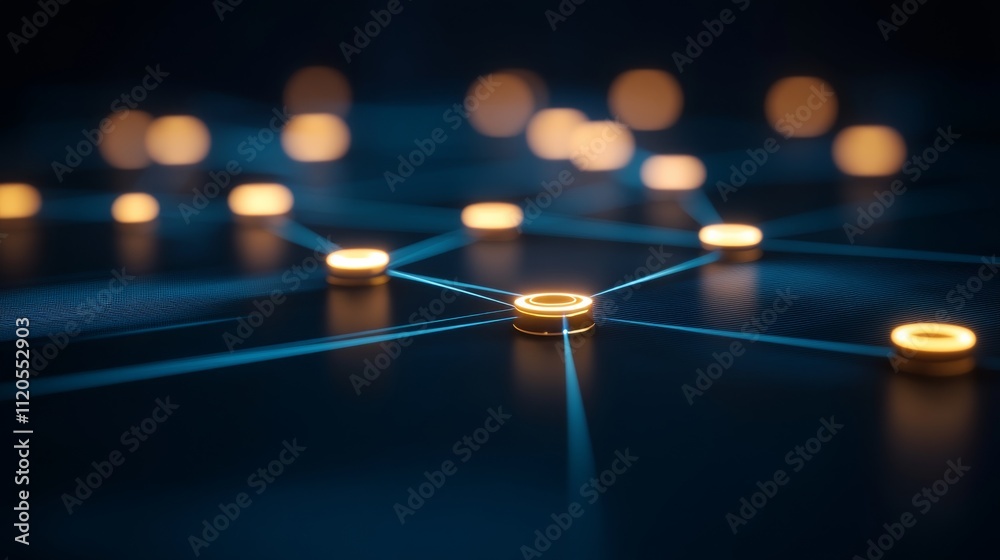 Poster Close-up view of an abstract digital polygon pattern showcasing glowing cyan and teal shapes, providing depth against a navy background with space for text