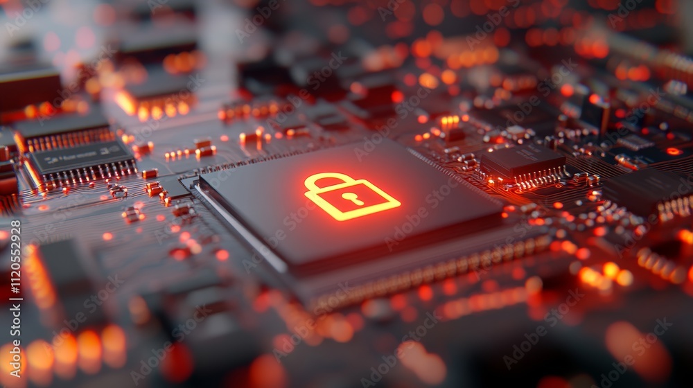 Poster A glowing padlock overlays a computer motherboard's central processor, highlighting the importance of secure technology today