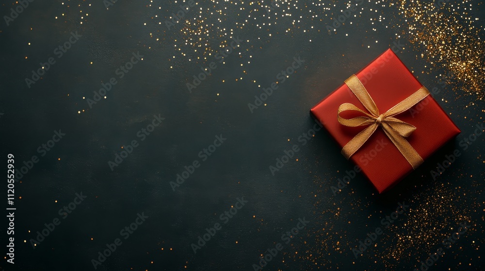Poster a close-up view of an elegant red gift box tied with a shiny golden ribbon, resting on a black surfa