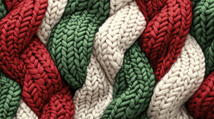 Cozy knitted patterns in festive red, green, and cream colors create warm and inviting texture perfect for holiday decor