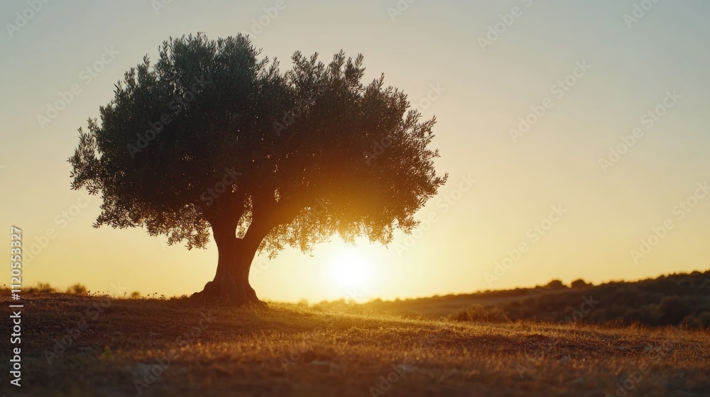 Poster a single olive tree stands tall as the sun sets behind it, illuminating the sky with golden hues tha