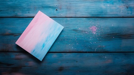 A close-up shot captures a glittery gender reveal invitation card featuring pink and blue accents resting on a weathered wooden table, showcasing soft natural light