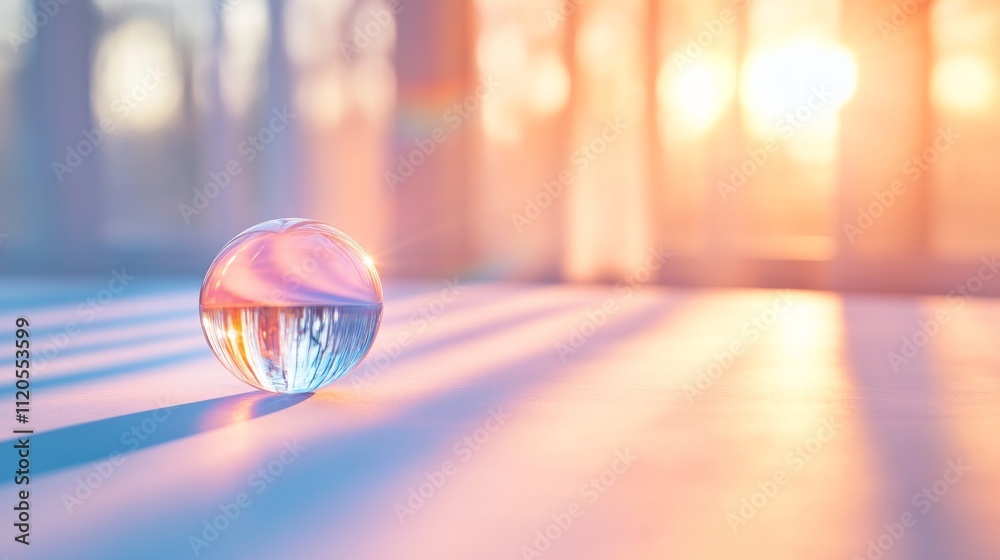Leinwandbilder A crystal sphere rests on a shiny white surface, with sunlight illuminating it and casting beautiful rainbow reflections in the background
