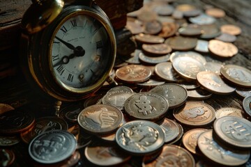 debt collection and tax season concept with deadline remind note, coins, banks, calculator on table, background, time to pay concept. Business and Pay tax concept