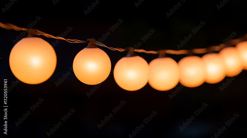 Leinwandbilder A string of soft golden bokeh lights softly illuminates a dark background, varying in size to create an enchanting atmosphere, with space for text on the right