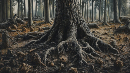 Fototapeta premium Detailed view of tree roots emerging from moist soil in forest, showcasing intricate patterns and textures of roots. scene evokes sense of connection to nature and earth