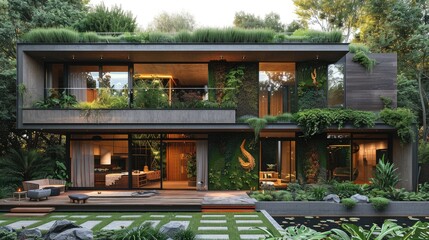 Modern eco-friendly house with green roof, lush garden, and large windows.