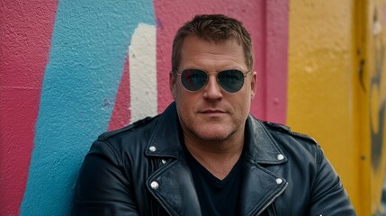 Obraz premium A confident man leans casually against a vibrant graffiti wall. He wears a stylish leather jacket and reflective sunglasses, showcasing a relaxed urban vibe