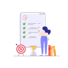 Woman taking university exam remotely. Student successfuly writing test. Concept of online exam, online survey, testing, e-learning. Vector illustration in flat design for UI, banner, mobile app