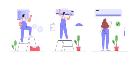 Engineer repairing air conditioner. Call master fixing air conditioning system. Woman controls air conditioner with wi-fi remote control at apartment. air conditioner set vector illustration