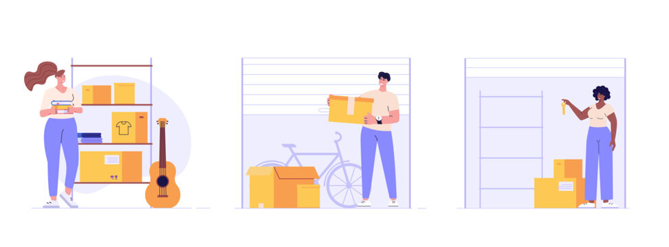 People keeping personal items and boxes in self-storage units. Characters and elements set. Collection of self storage unit, small mini warehouse, rental garage. Vector illustration in flat design