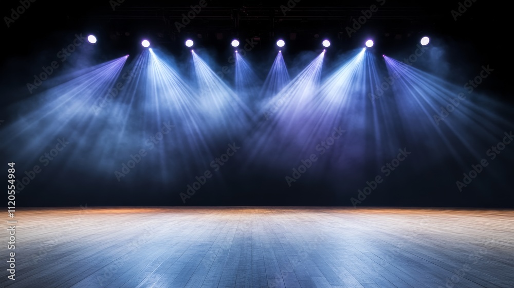 Poster wide-angle view of an empty concert stage with bright purple and white spotlights breaking through s