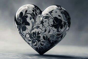 Artistic black-and-white heart adorned with floral patterns, blending sophistication with romance for versatile uses
