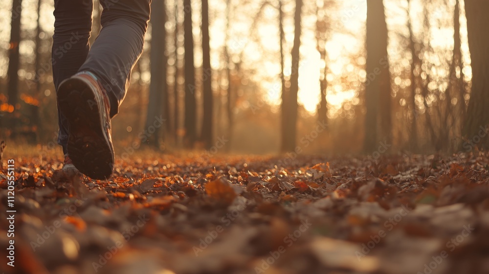 Poster mid-stride runner on a forest trail stirs up fallen leaves as sunlight filters through tall trees, c