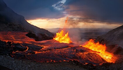 A breathtaking volcanic landscape unfolds as incandescent lava is expelled from a volcano, cascading down the slope.