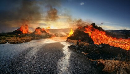 Stunning volcanic landscape. Incandescent lava spewed by a volcano descending down the mountainside.