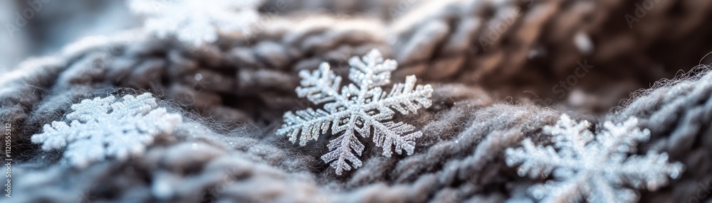 Poster glittering snowflakes rest on a soft grey knitted textile