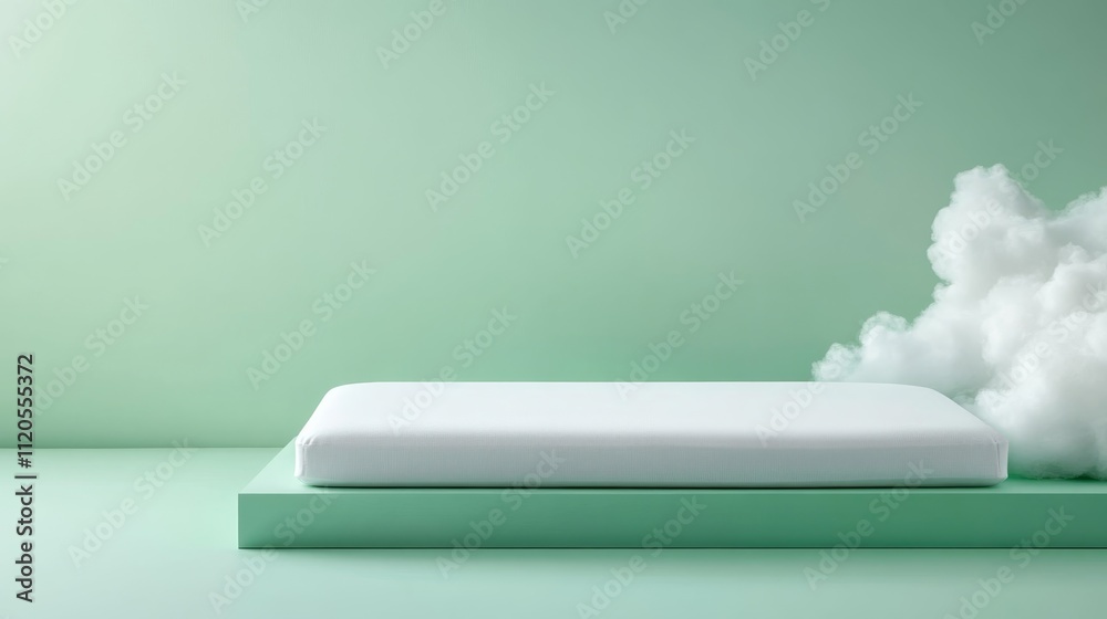 Aufkleber A sleek white rectangular display stand rests on a mint green platform, surrounded by fluffy white clouds. The whimsical setting adds a playful touch to the composition