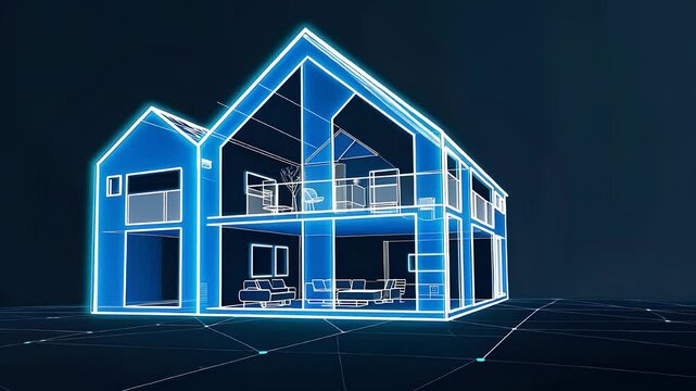 Digital Blueprint of a Modern Two-Story House with Futuristic Architectural Design and Interior Details

