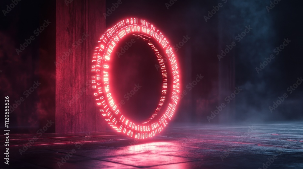 Aufkleber Glowing Red Ring Displays Binary Code In Dark Room