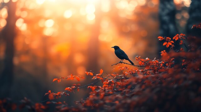 A black Asian koel bird sits gracefully on a branch adorned with vivid crimson Erythrina Fusca flowers, illuminated by warm golden sunlight filtering through leaves