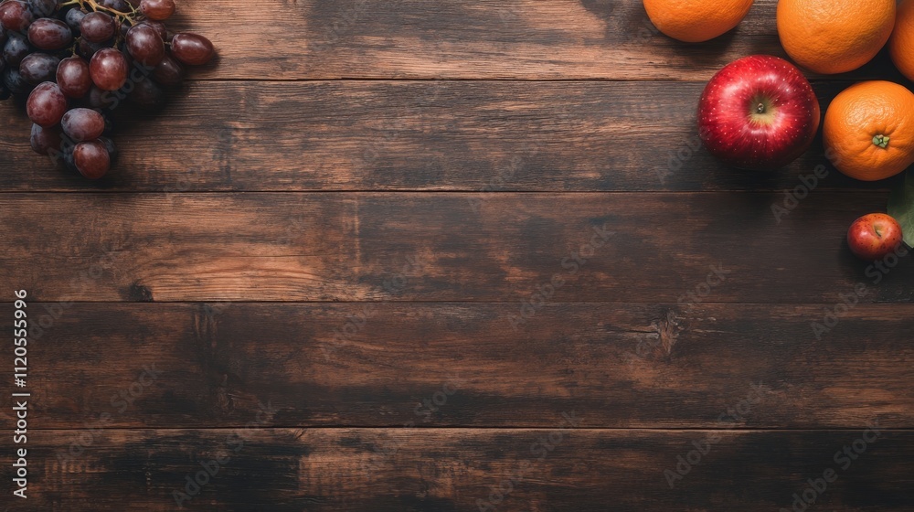 Poster A rustic wooden table features a bright red apple at center, surrounded by oranges and grapes. Natural light enhances the colors and textures, creating a warm atmosphere