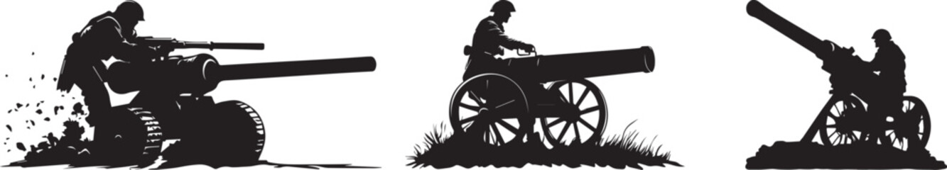 Fototapeta premium Silhouette of a war cannon with soldier warrior vector silhouette