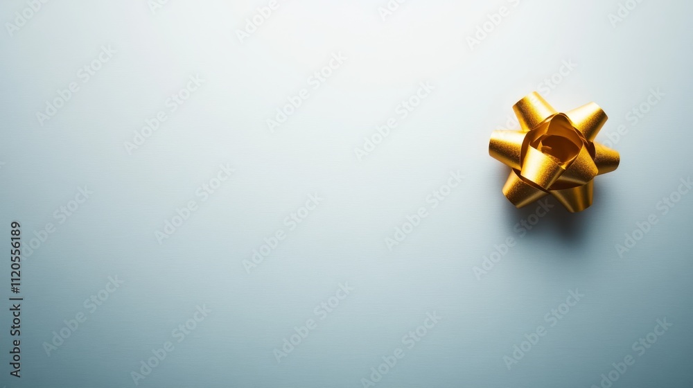 Poster a golden gift bow rests on a bright white surface, featuring sharp folds that reflect studio lightin