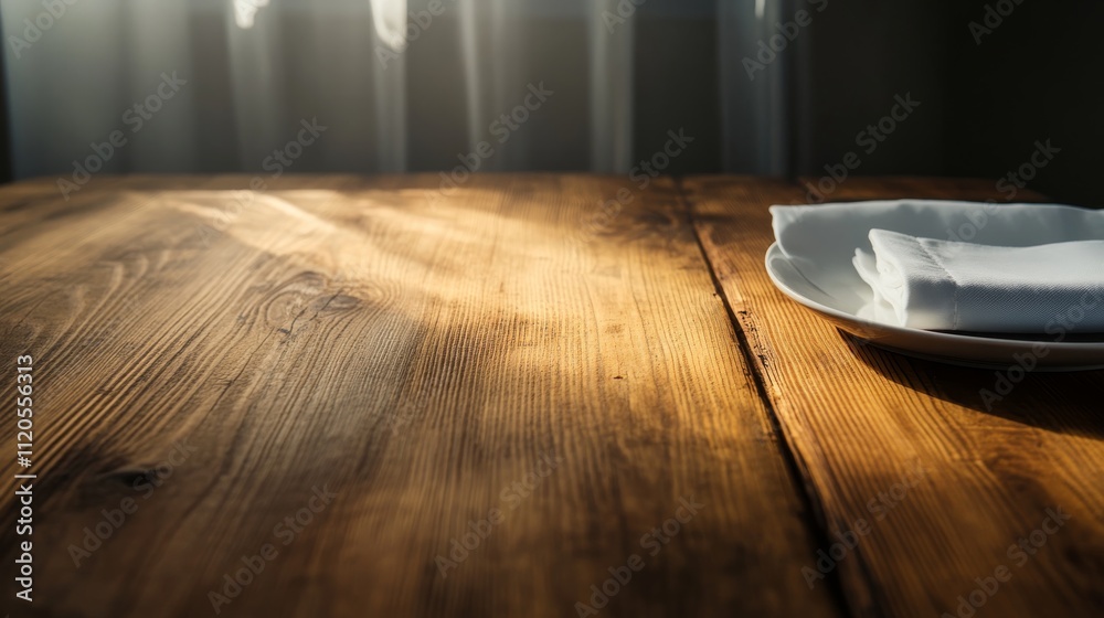Aufkleber A close-up of a rustic wooden table featuring a pristine white plate and a neatly folded napkin, softly illuminated by warm sunlight for a cozy feel
