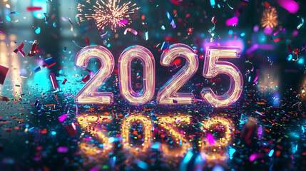 Image depicts glowing 2025 numerals amidst a flurry of colorful confetti and vibrant fireworks, suggesting a festive New Years celebration