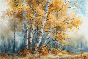 Fototapeta premium beautiful autumn landscape with birch trees against a blue sky., watercolor style, 