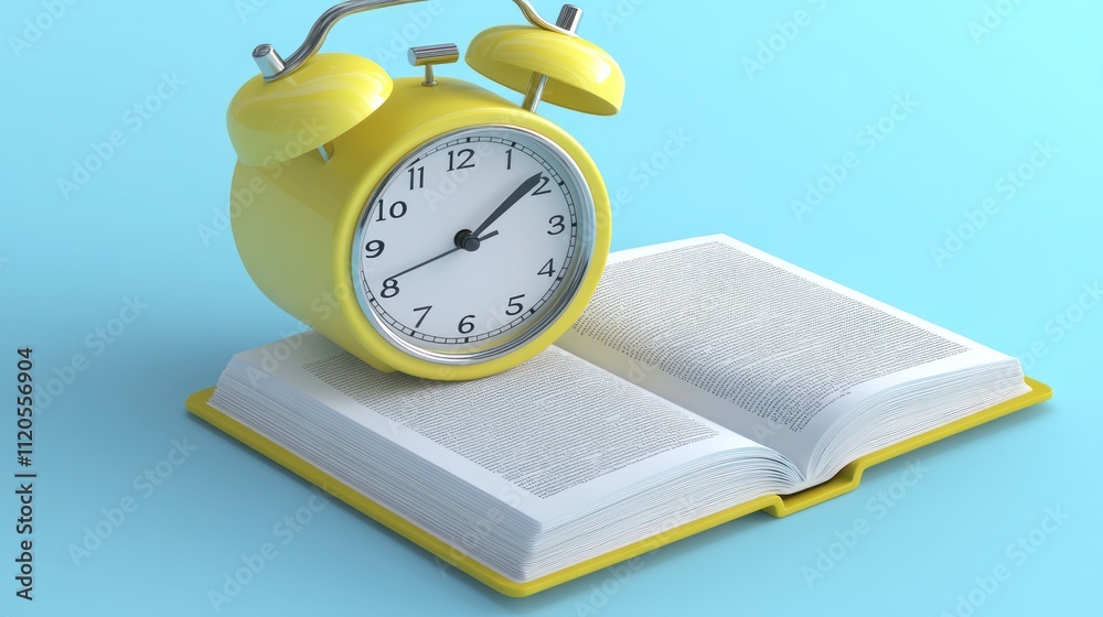 Poster Yellow Alarm Clock Resting on an Open Book