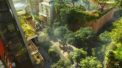 A heat-resilient urban zone with reflective rooftops and shaded pedestrian paths