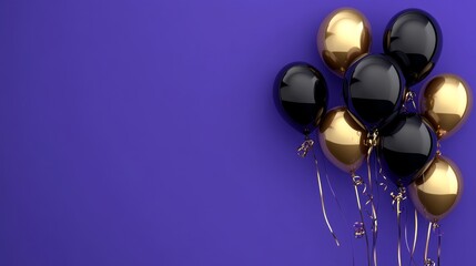 Elegant black and gold balloons on vibrant purple background