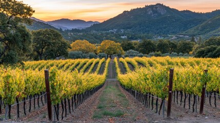 Fototapeta premium Autumn Vineyard Landscape at Sunset Golden Hues
