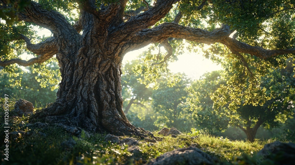 Poster an ancient tree with a sprawling trunk and gnarled branches stretches towards the sunlight, surround