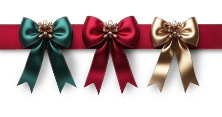These stylish bows in green, red, and gold are set against a transparent background, perfect for enhancing holiday decorations and gift packaging, adding a touch of elegance to festive occasions.