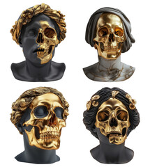 Collection of aesthetic dark greek bust sculptures with golden skull, royalty-free. Isolated on white or transparent background, png.