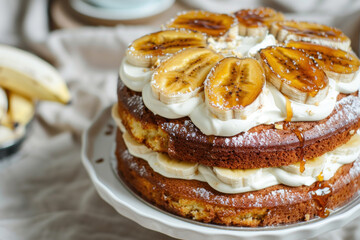 A layered banana cake with cream frosting and caramelized banana slices on top