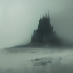 Naklejka premium A lone castle standing tall on a foggy plain, mysterious and otherworldly