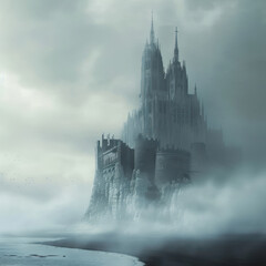 A lone castle standing tall on a foggy plain, mysterious and otherworldly