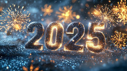 Glowing 2025 digits amidst celebratory fireworks and glittering particles. A digital illustration of New Years Eve festivities, evoking excitement and hope for the upcoming year