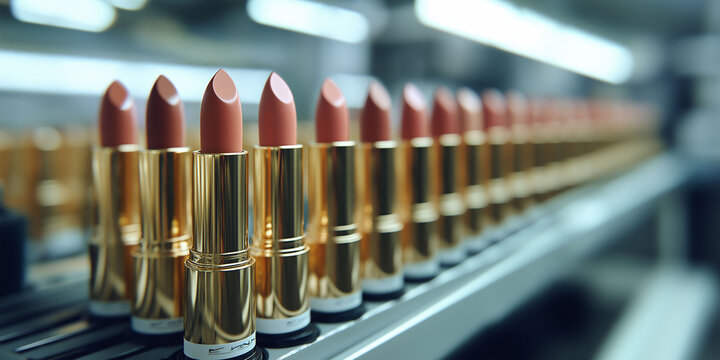 Lipsticks arranged neatly on display in a cosmetic factory showcasing production process