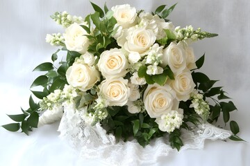 Elegant white rose bouquet on lace background for wedding celebrations